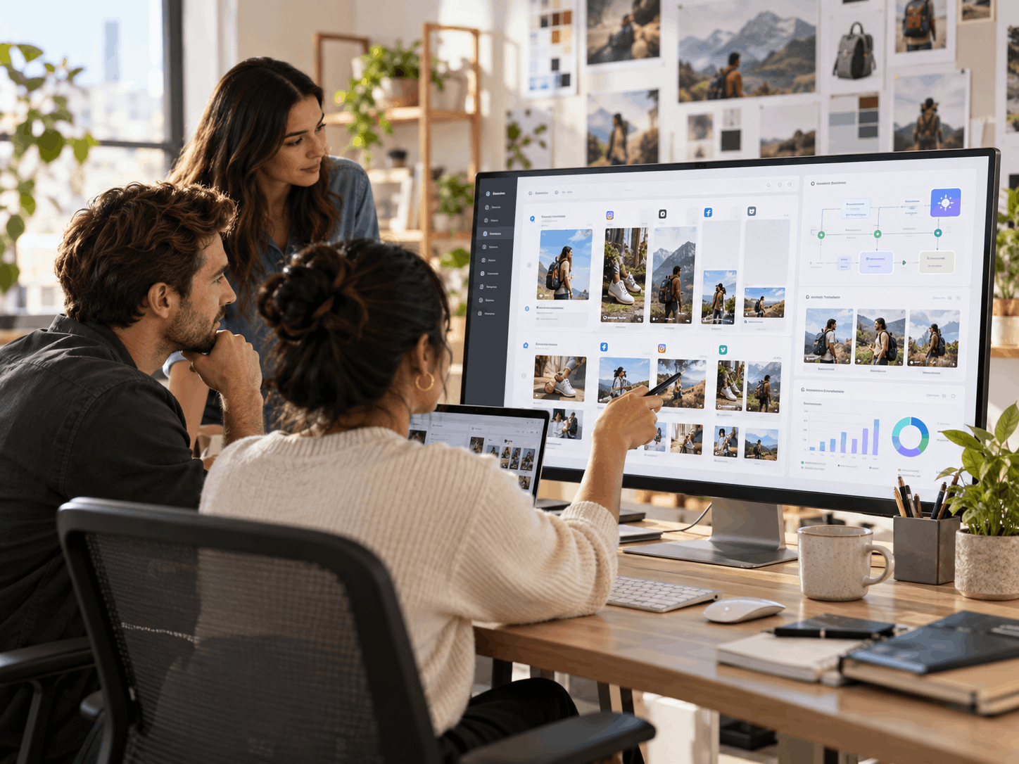 Small marketing team reviewing AI-assisted campaign creatives and performance insights on a large monitor in a modern workspace.