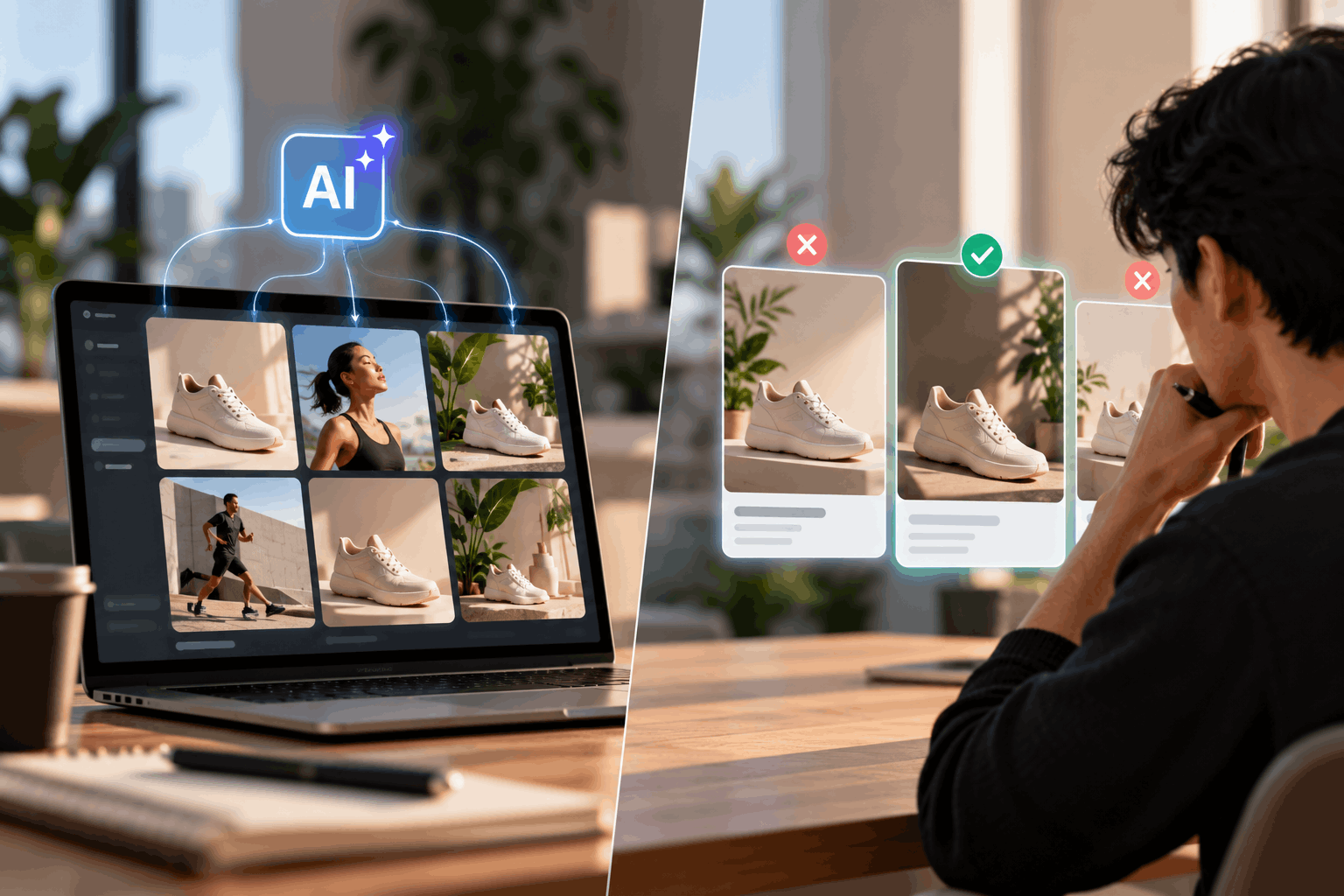 AI-generated ad variations displayed on a laptop while a marketer reviews and selects the strongest creative concepts.