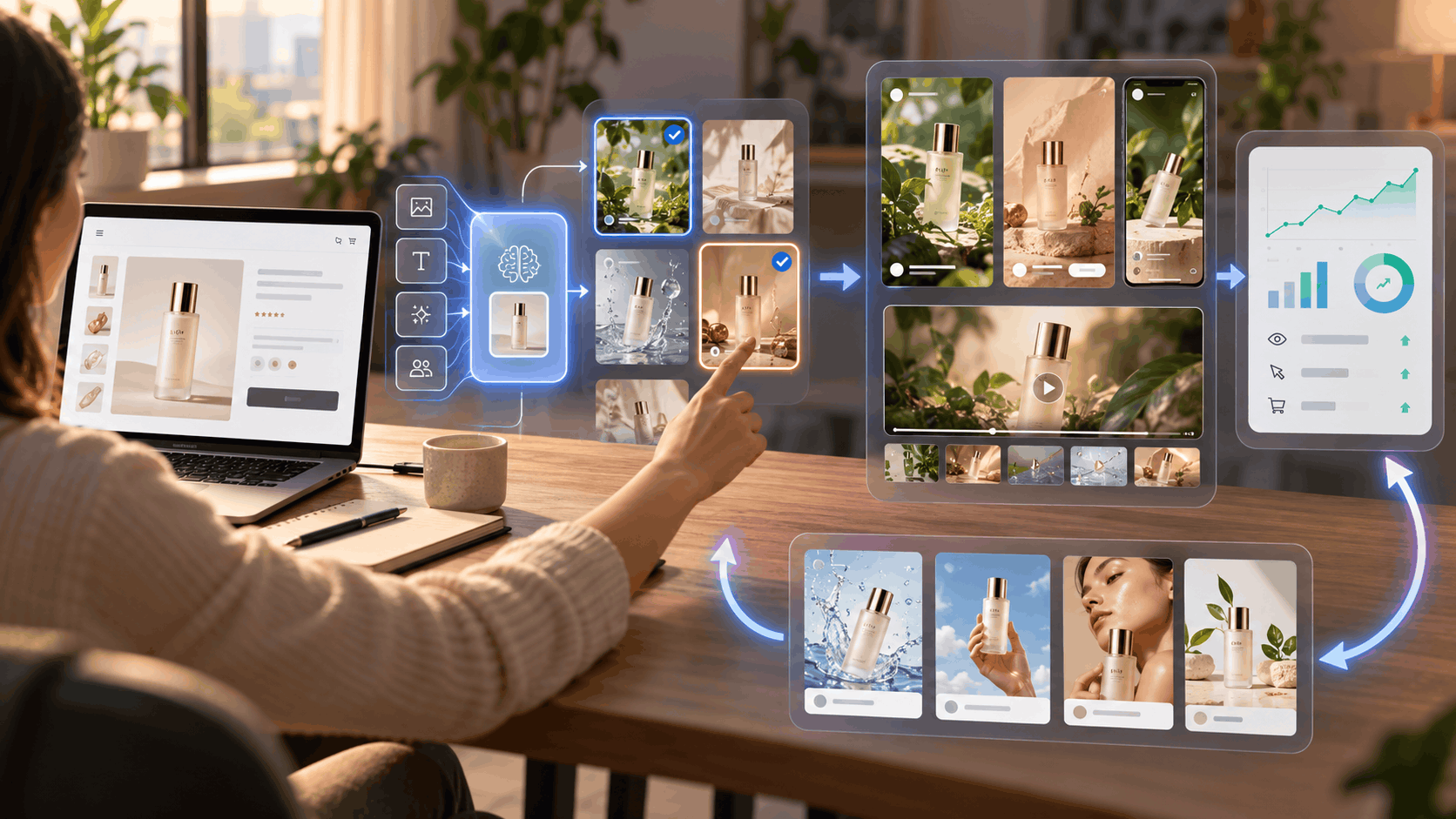 1. AI-powered ecommerce workflow turning product information into ad variations, video concepts, and performance insights for ongoing campaign optimization.