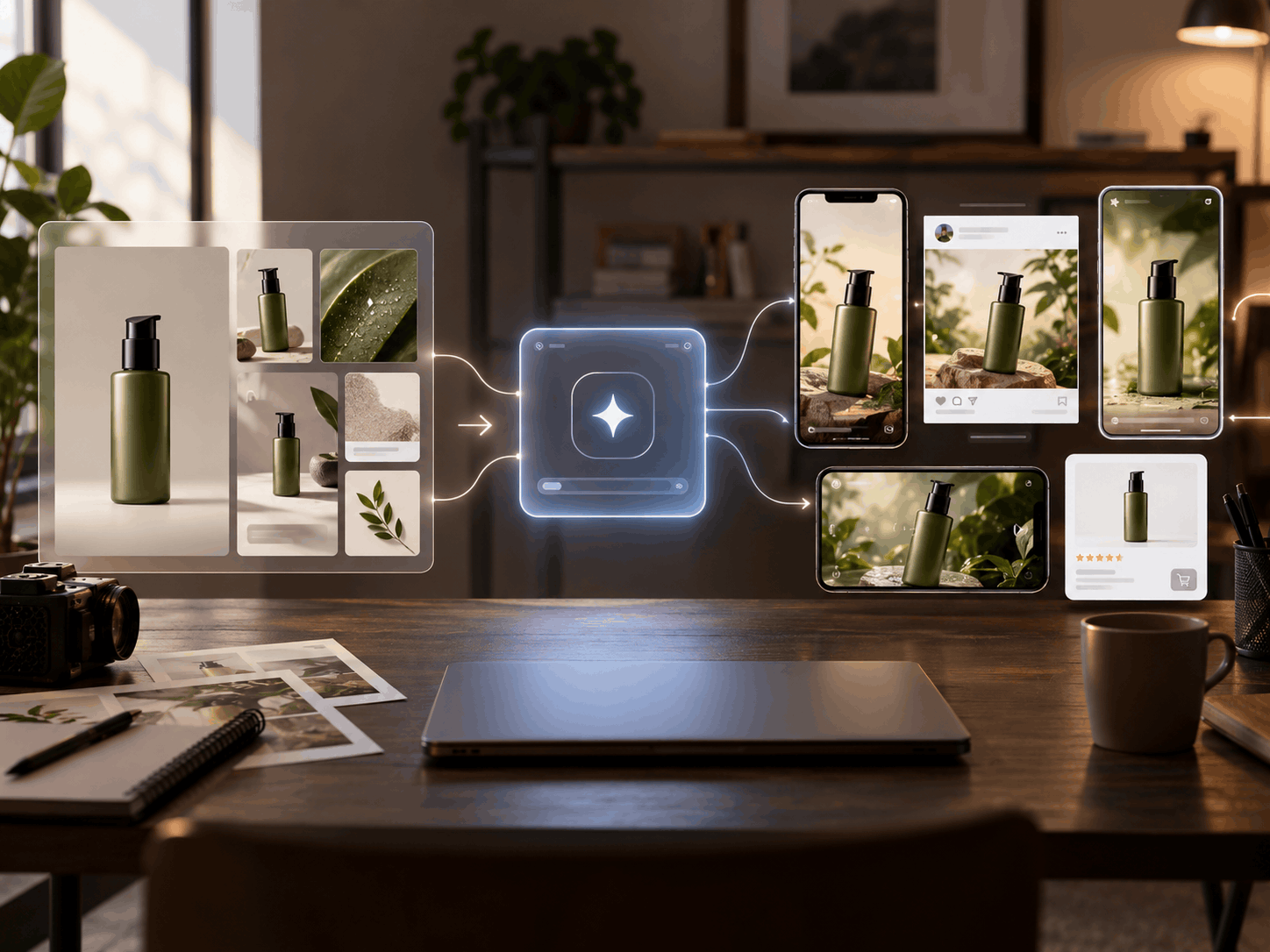 AI ecommerce ad generator transforming product images into multiple ad formats for different advertising platforms.