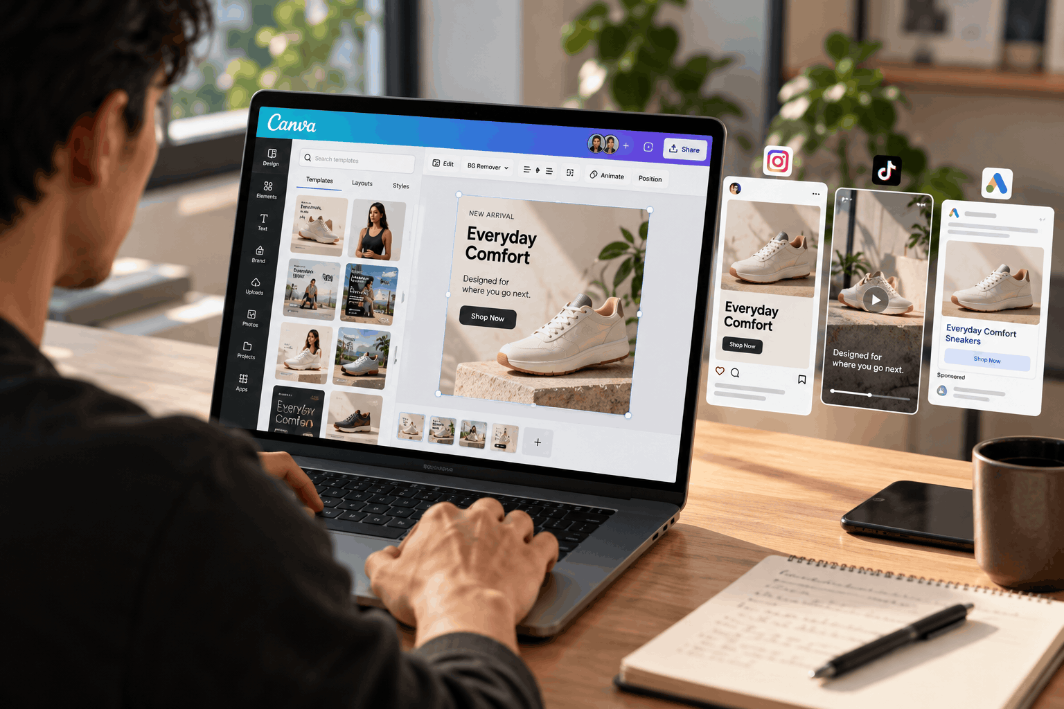 Designer using Canva to create a sneaker ad and adapt the creative for Instagram, TikTok, and Google Ads.