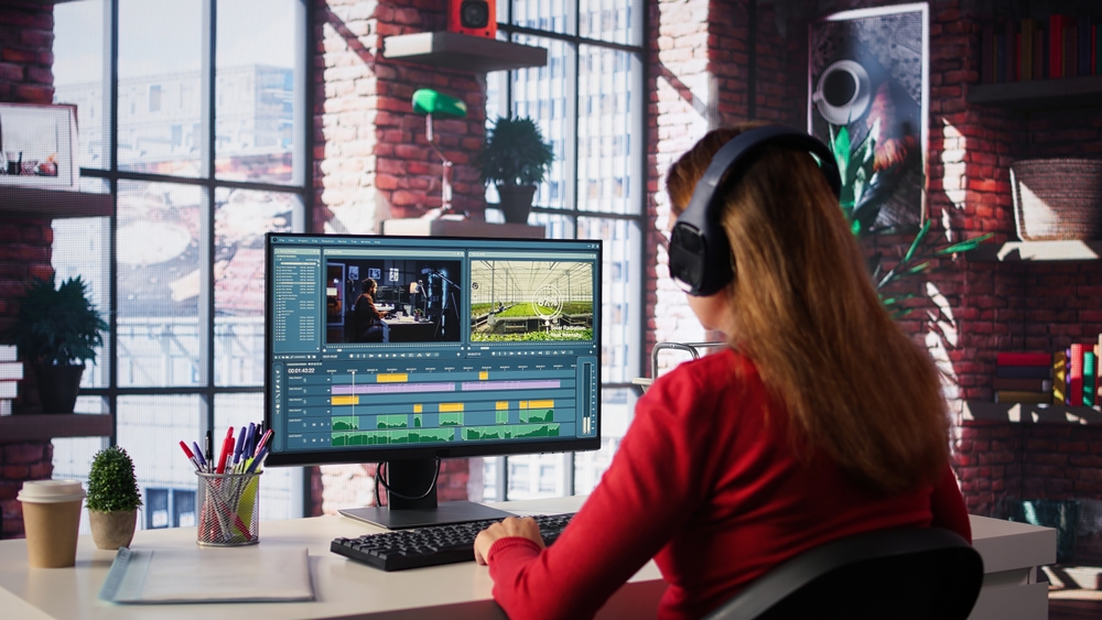 Woman video creator working on editing a movie montage project