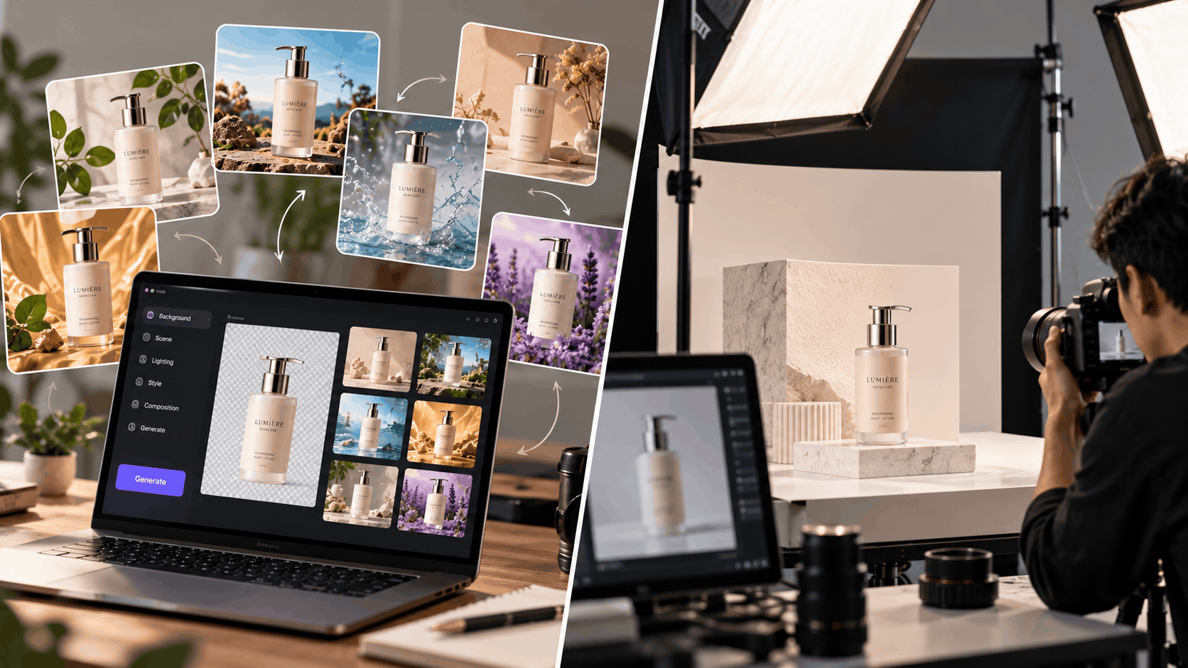 Professional studio photographer capturing a skincare product with controlled lighting, props, and camera equipment for precise product imagery.