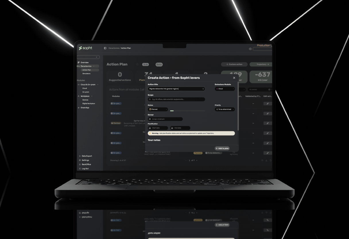 Laptop displaying a dark-themed software interface titled 'Create Action - from Sopht levers' showing fields such as Action title, Emissions Module, Scope, Status, Priority, Owner, Planification dates, and Your notes, with an underlying dashboard labeled 'Action Plan' visible behind the popup window, set against a black background with glowing white angular lines.