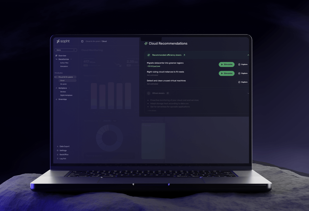 Laptop screen displaying a software interface with a dark theme, showing cloud recommendations focused on efficiency levers like migrating datacenters to greener regions, right-sizing cloud instances, and cleaning unused virtual machines, with simulate and explore action buttons.