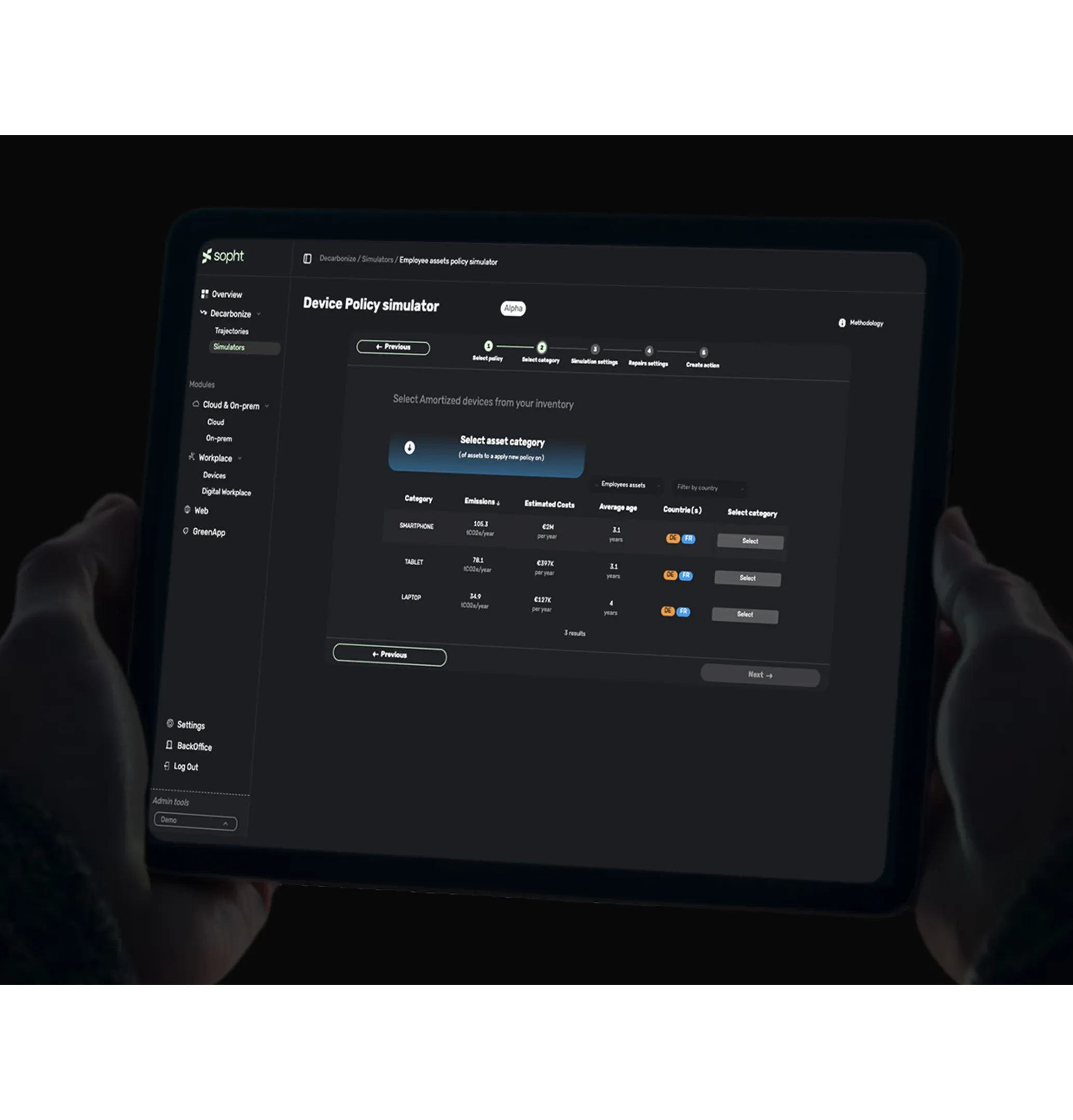 Sopht platform on a tablet: device policy simulator