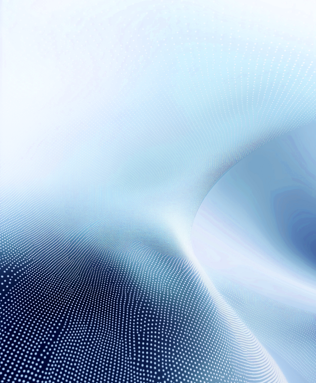 Abstract digital wave pattern of small white dots on a gradient blue background, creating a flowing, curved tunnel effect.