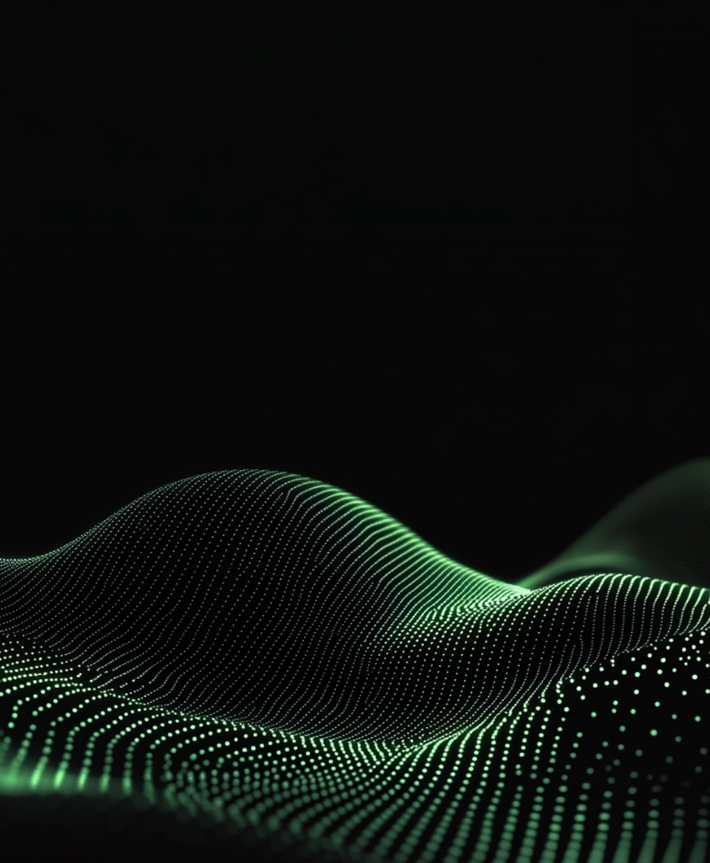 Abstract green digital wave formed by glowing dots and lines on a black background, creating a three-dimensional mesh surface with smooth curves.