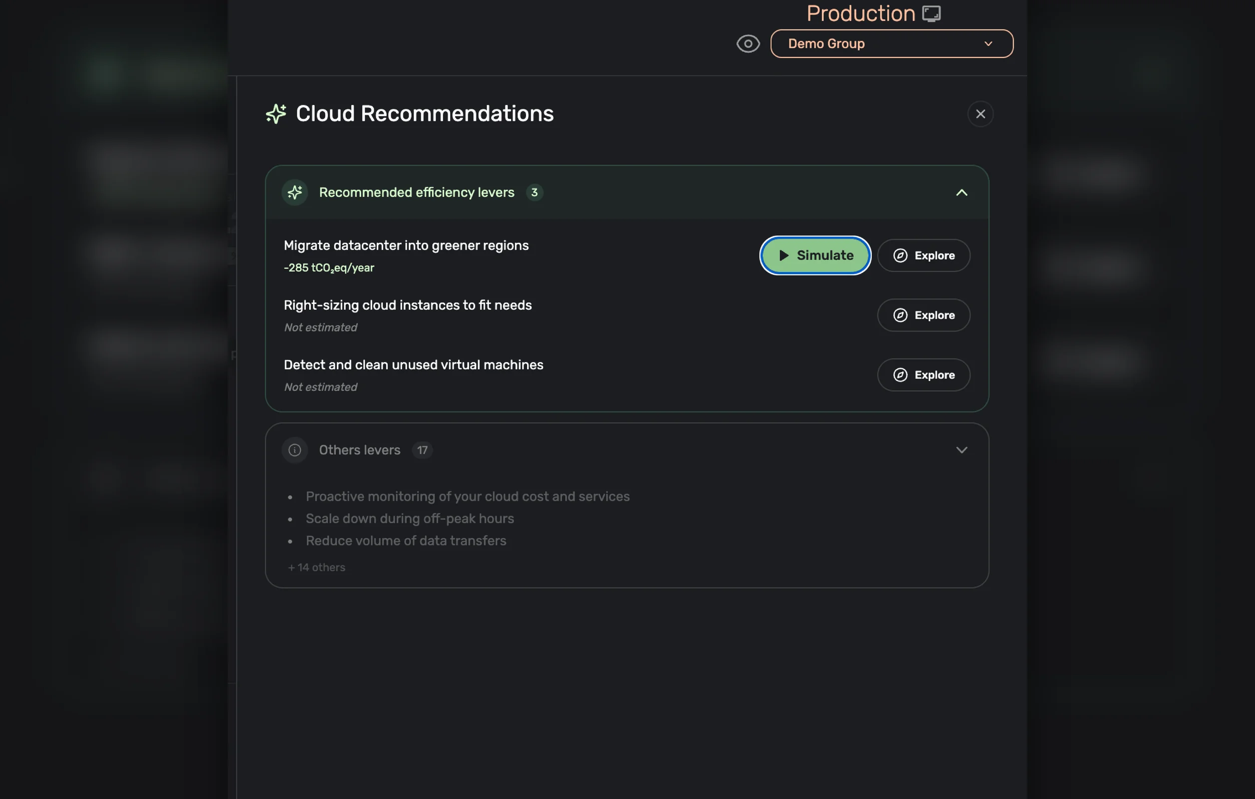 Sopht cloud recommendations: migrate to greener regions (−285 tCO₂eq/year), right-size cloud instances, clean up unused virtual machines