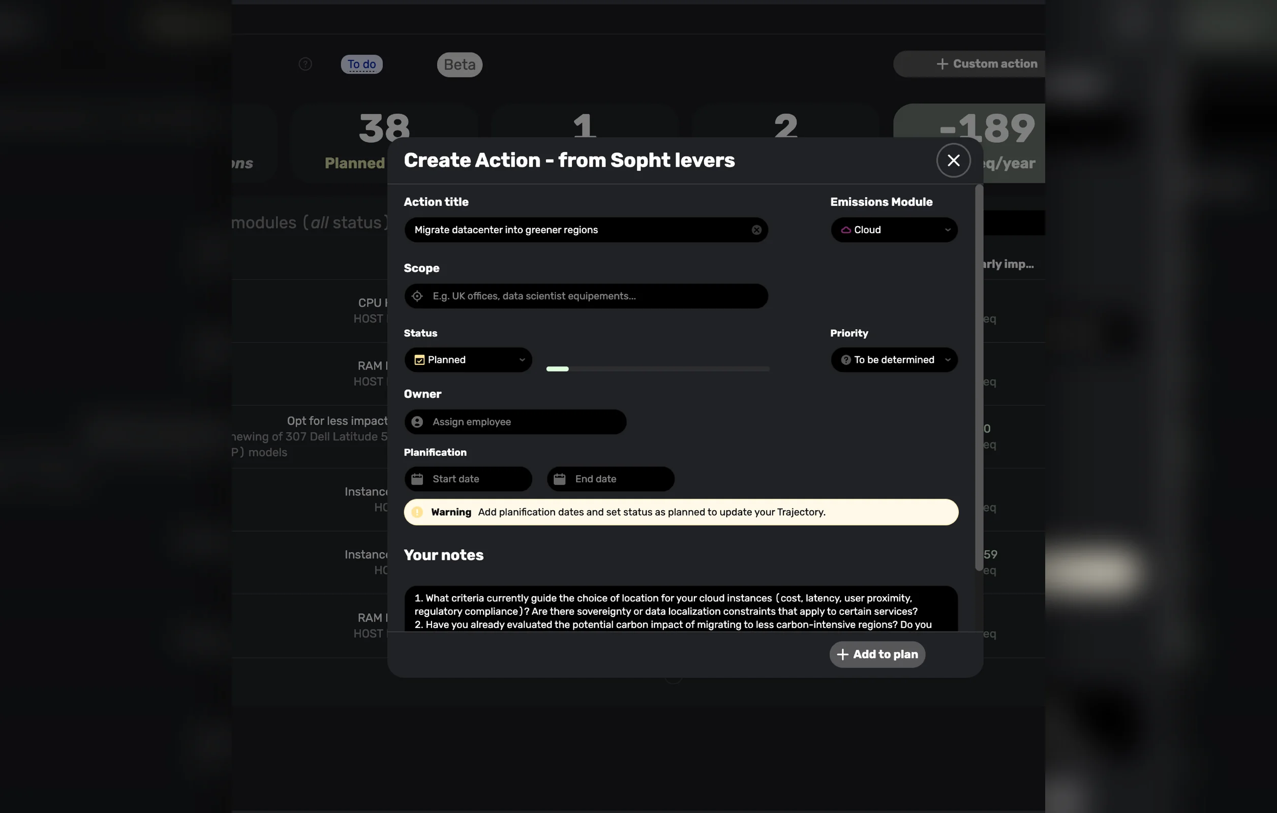 Creating an action from a Sopht lever: migrating to greener regions, with status, priority, owner and planned dates