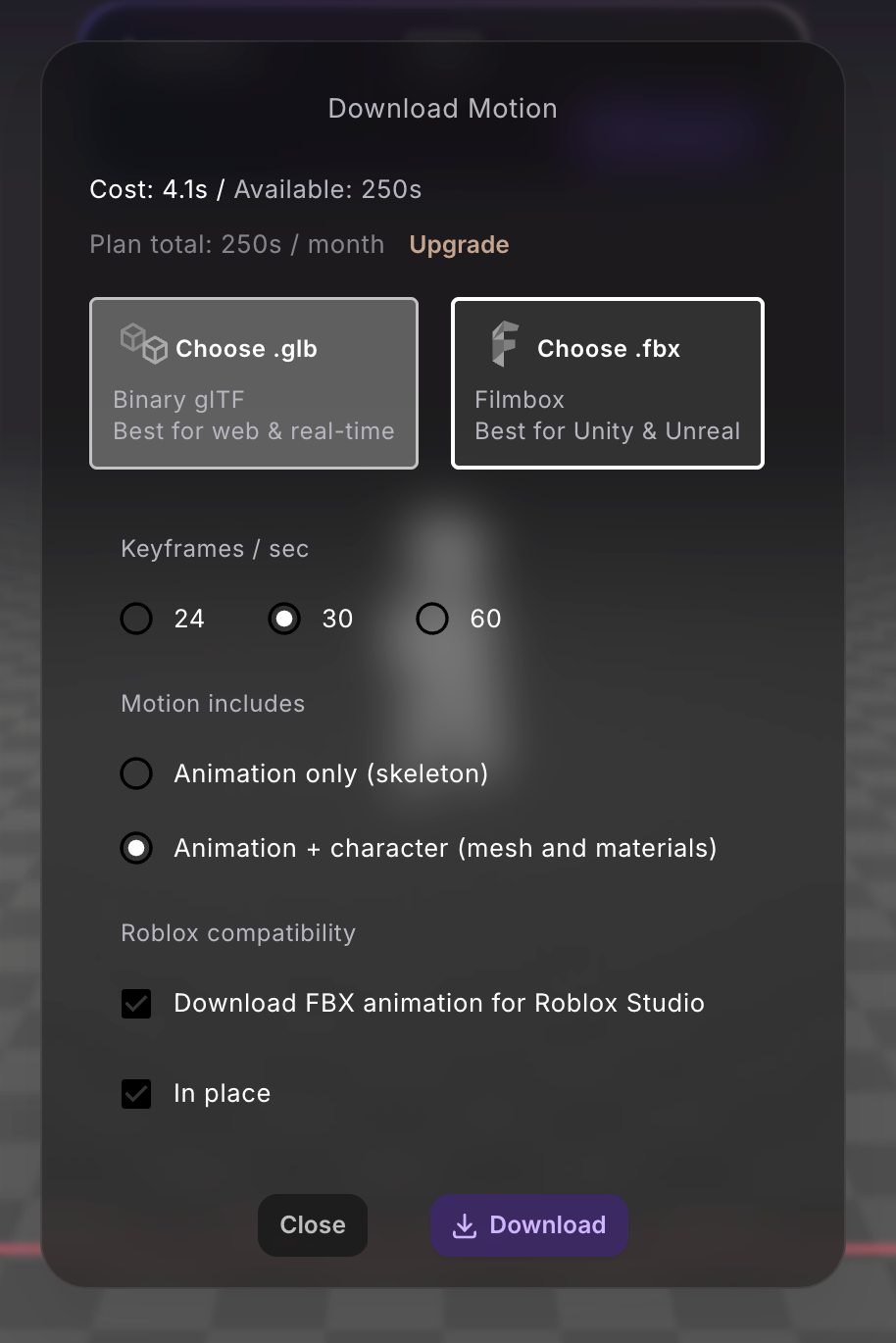 The Download Motion dialog with FBX selected, 30 keyframes per second, and the Roblox Studio and in-place options checked.