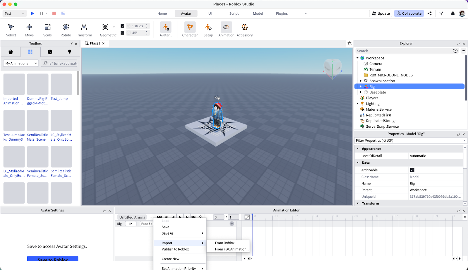 The Roblox Studio Animation Editor menu with Import from FBX Animation selected for the rig.
