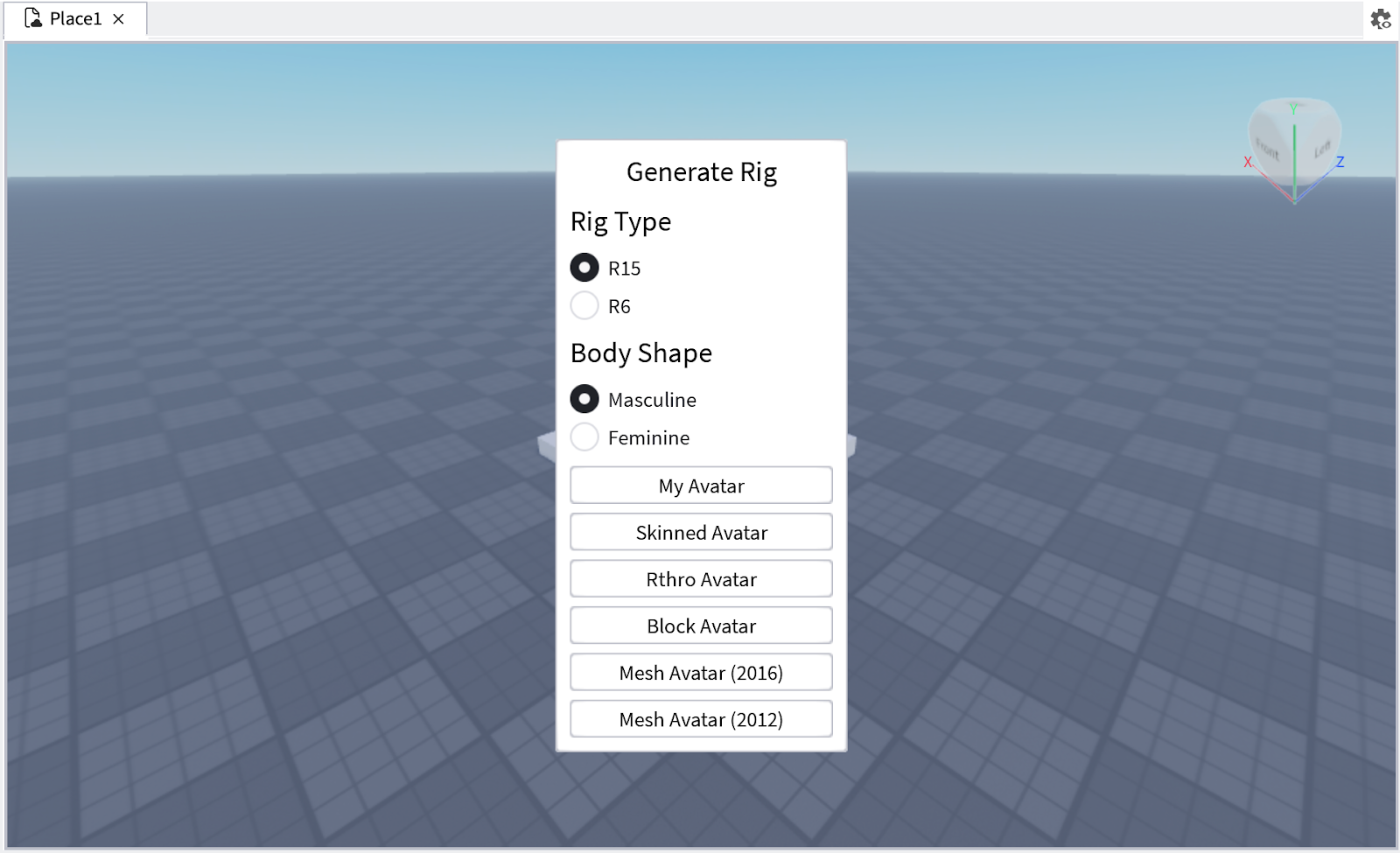 Roblox Studio’s Generate Rig dialog with the R15 rig type and Masculine body shape selected.