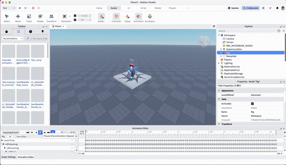 The imported Uthana animation playing on an R15 rig in the Roblox Studio Animation Editor, with keyframes in the timeline.