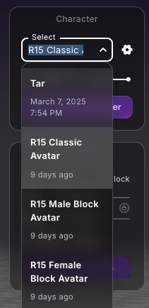 The character selector in Uthana listing the R15 Classic, R15 Male Block, and R15 Female Block avatars.