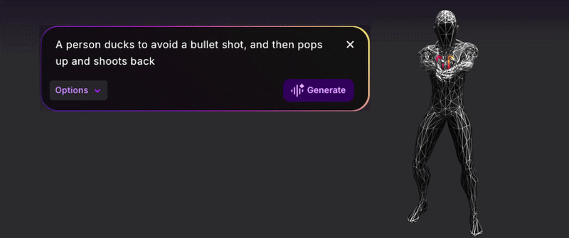 The Uthana prompt box reading "A person ducks to avoid a bullet shot, and then pops up and shoots back", beside a wireframe character performing the generated motion.
