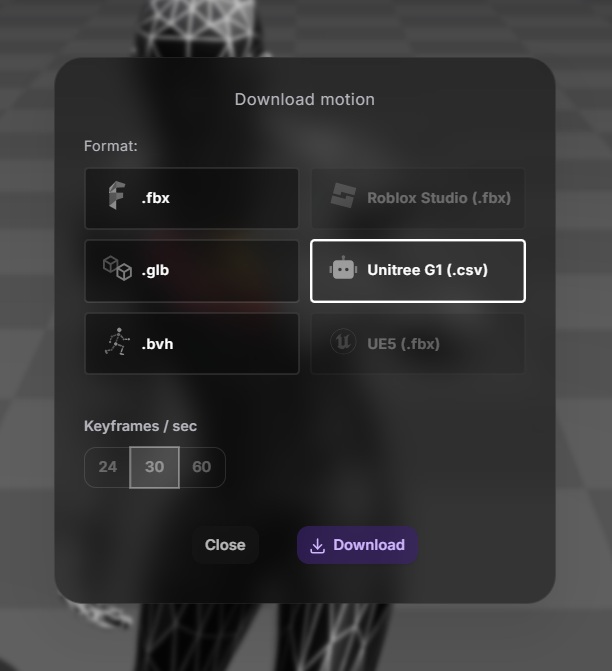 The Download motion dialog in the Uthana app. Format options are .fbx, .glb, .bvh, Roblox Studio (.fbx), Unitree G1 (.csv), and UE5 (.fbx), with Unitree G1 (.csv) selected. Keyframes per second is set to 30.