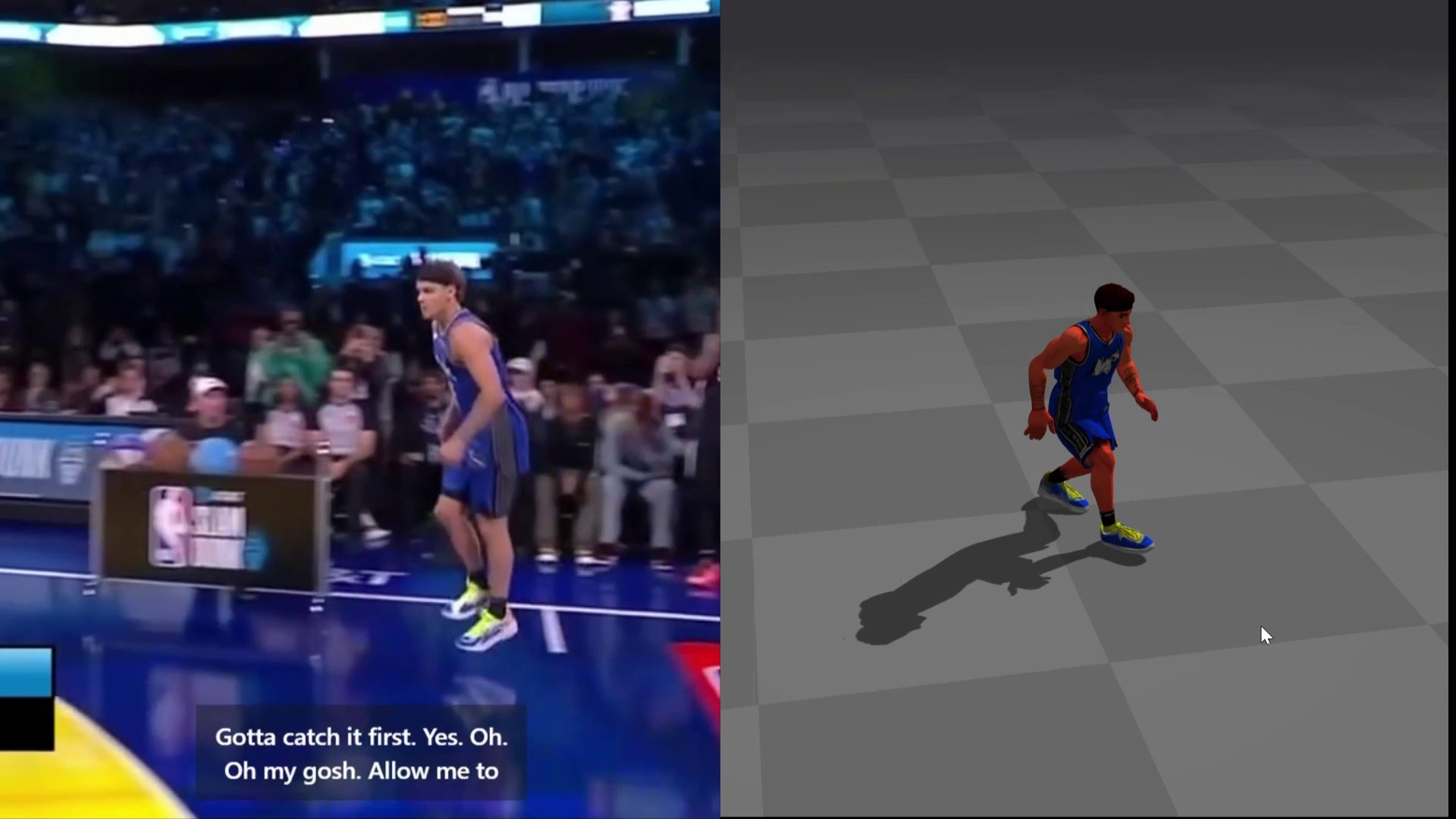 Broadcast dunk footage beside the reconstructed 3D character motion