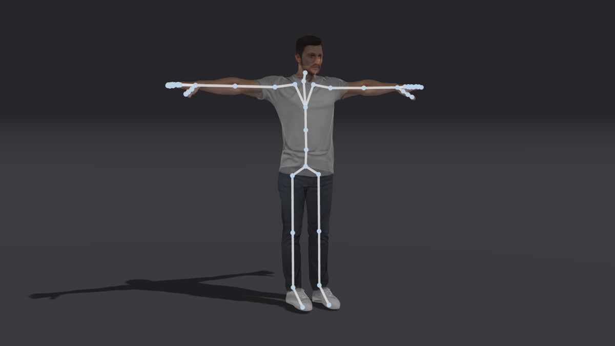 The same character with the skeleton generated by Uthana auto-rigging drawn over the mesh.