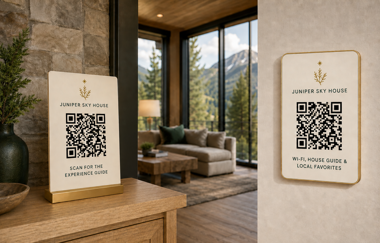 Juniper Sky House tabletop Experience Guide QR display and wall-mounted house guide QR plaque.