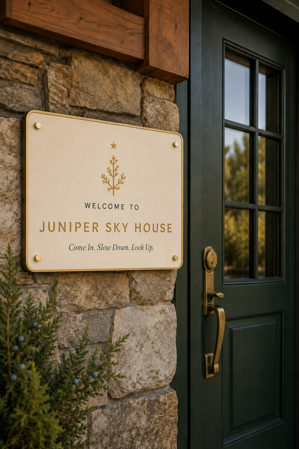 Juniper Sky House front-door welcome plaque with the tagline Come In. Slow Down. Look Up.