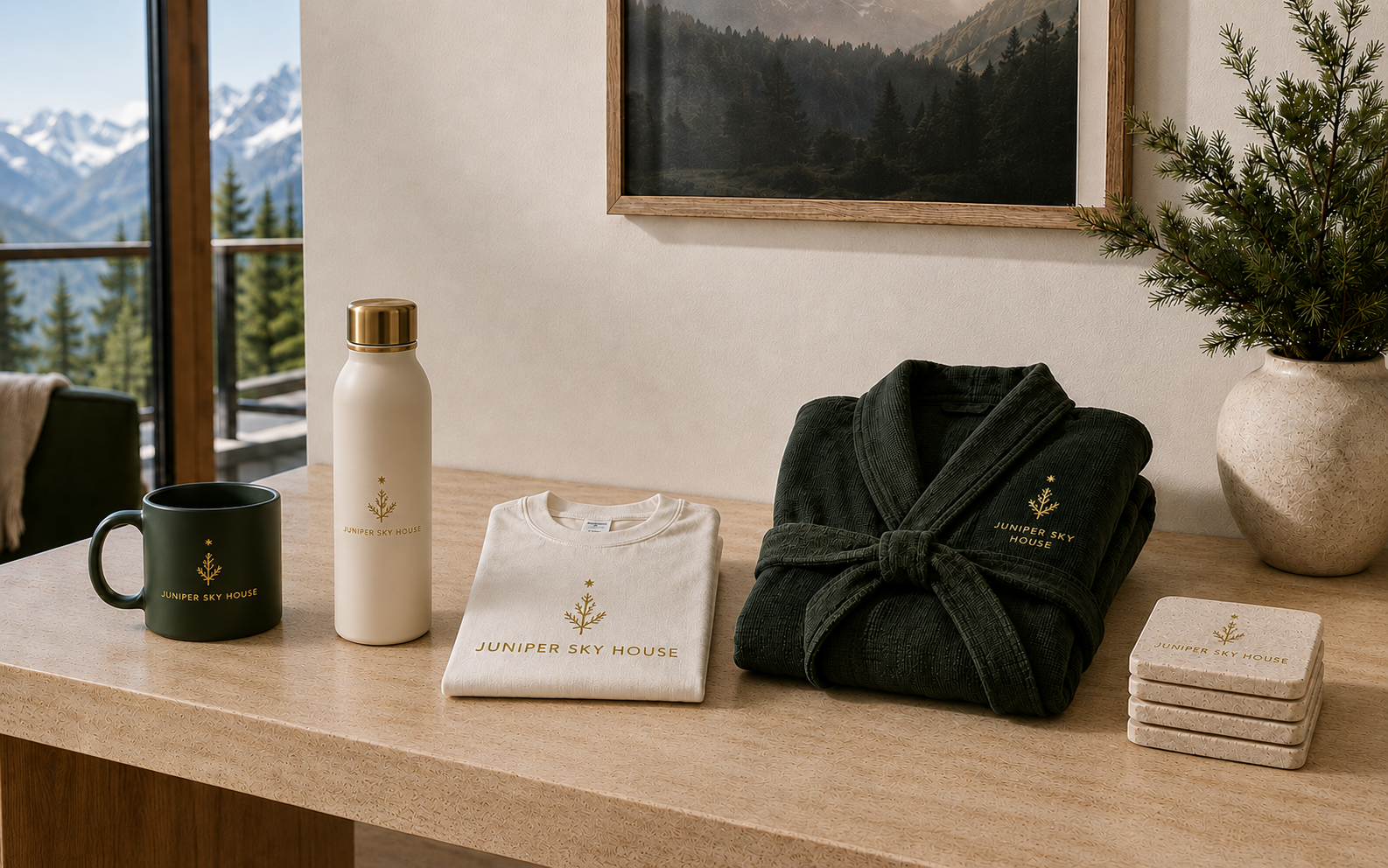 Juniper Sky House branded mug, water bottle, T-shirt, robe and coasters displayed together.