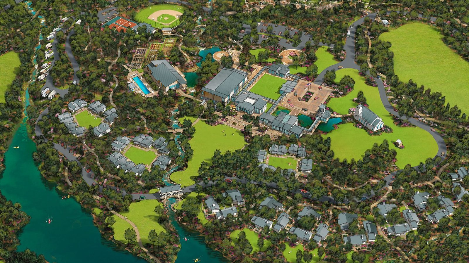Aerial rendering of the Veterans Lodge campus and grounds.