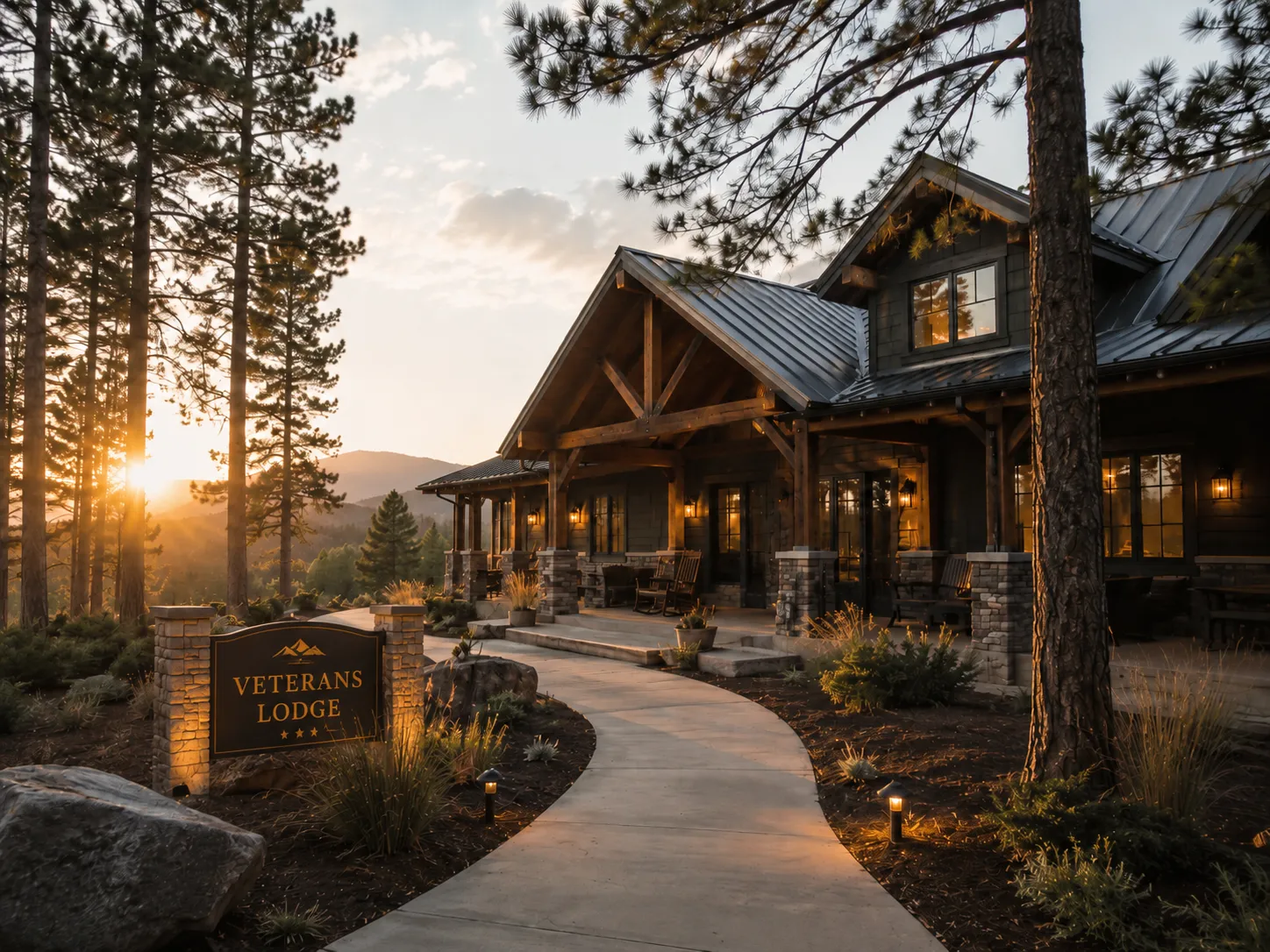 The Veterans Lodge building glowing at sunset among tall pines.