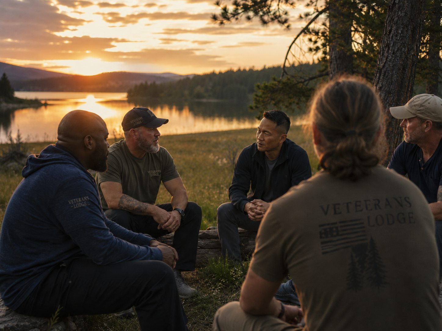A group of veterans talking together by a lake at sunset.