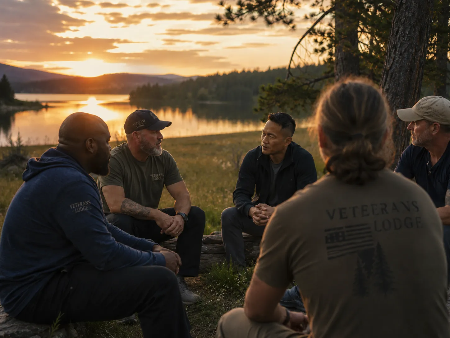 A group of veterans talking together by a lake at sunset.