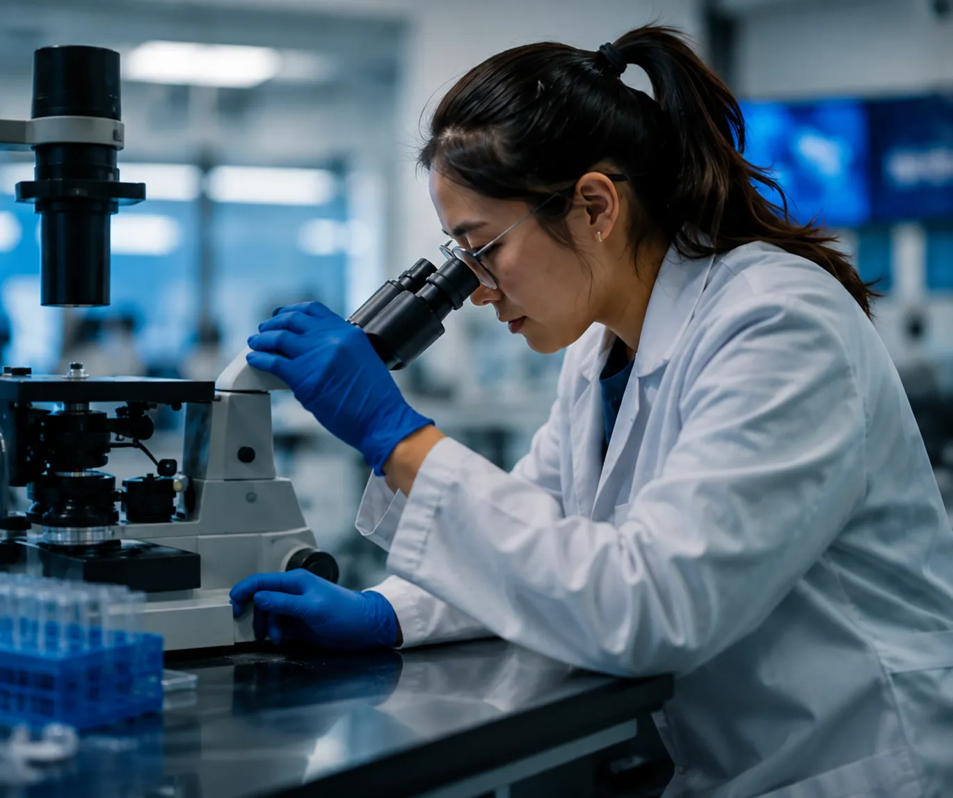 A researcher examining samples under a microscope in a Veterans Lodge lab.