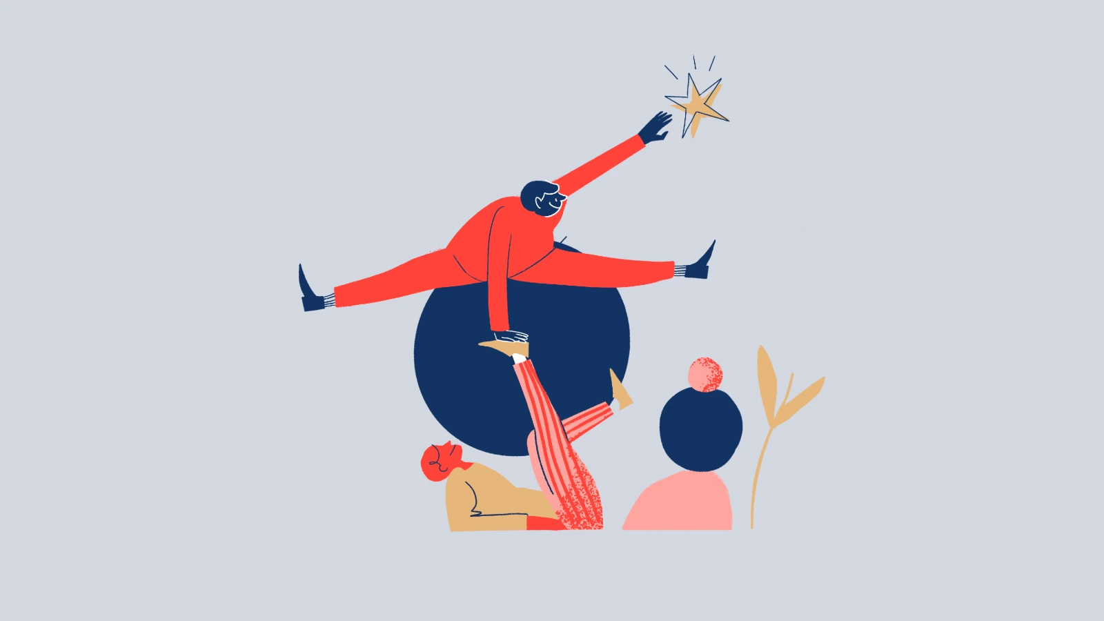 Illustration: Zwei Personen heben eine dritte empor, die nach einem goldenen Stern greift