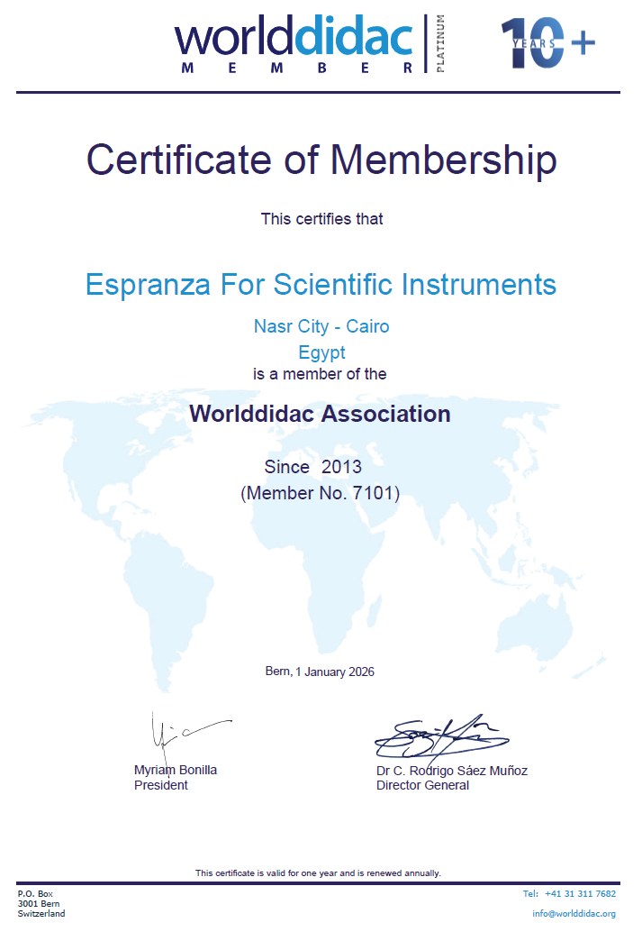 Worlddidac Association Platinum Member certificate issued to Espranza For Scientific Instruments, member number 7101