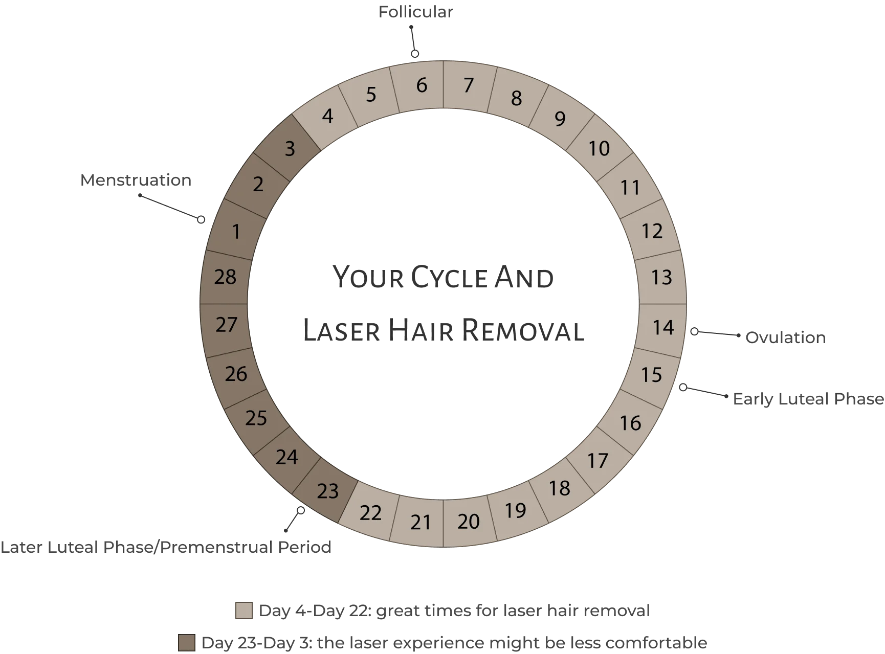 nfographic titled ‘Your Cycle and Laser Hair Removal.’ A circular menstrual cycle is numbered from day 1 through day 28. Menstruation begins at day 1, the Follicular phase is marked around day 6, Ovulation at day 14, the Early Luteal Phase begins at day 15, and the Later Luteal Phase/Premenstrual Period begins at day 23. The legend states: ‘Day 4–Day 22: great times for laser hair removal’ and ‘Day 23–Day 3: the laser experience might be less comfortable.’
