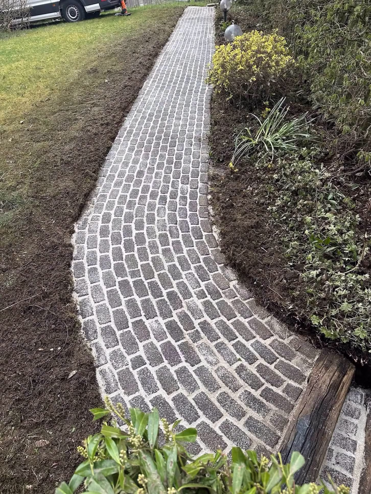 Allée en pavés nettoyée, joints refaits, bordée de plantations