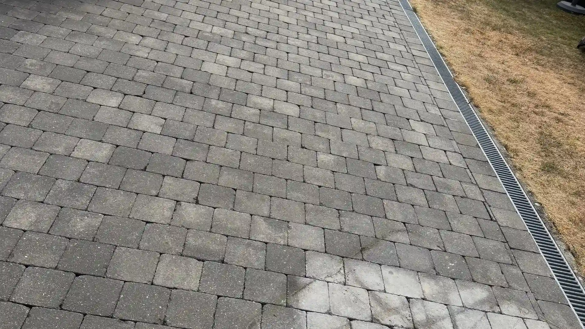 Allée en pavés gris avec caniveau, après nettoyage