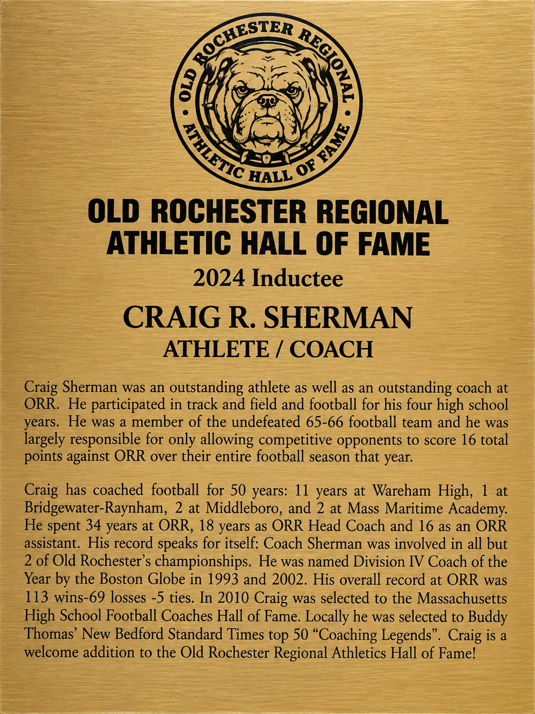 Close readable view of Craig R. Sherman’s 2024 Old Rochester Regional Athletic Hall of Fame plaque citation