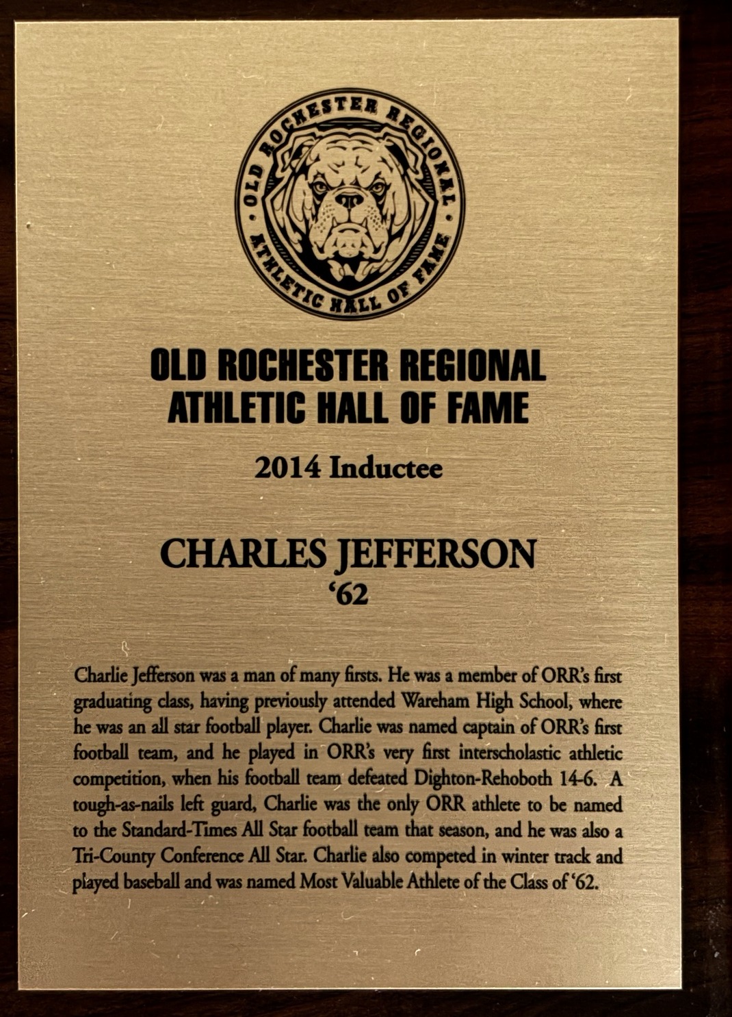 Charles Jefferson’s 2014 Old Rochester Regional Athletic Hall of Fame plaque