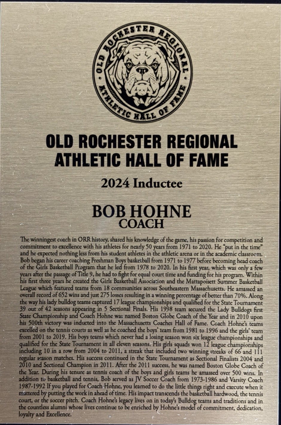 Bob Hohne’s 2024 Old Rochester Regional Athletic Hall of Fame plaque