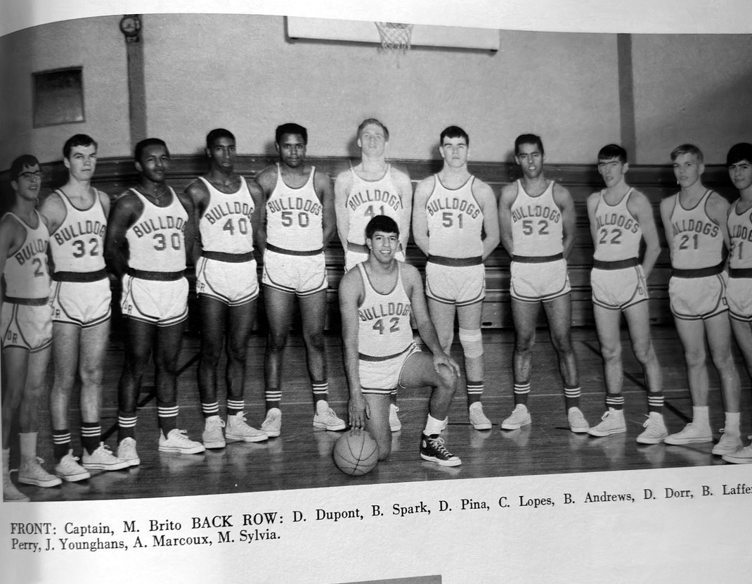 Old Rochester Regional basketball team including Donald Dorr, shown in the back row