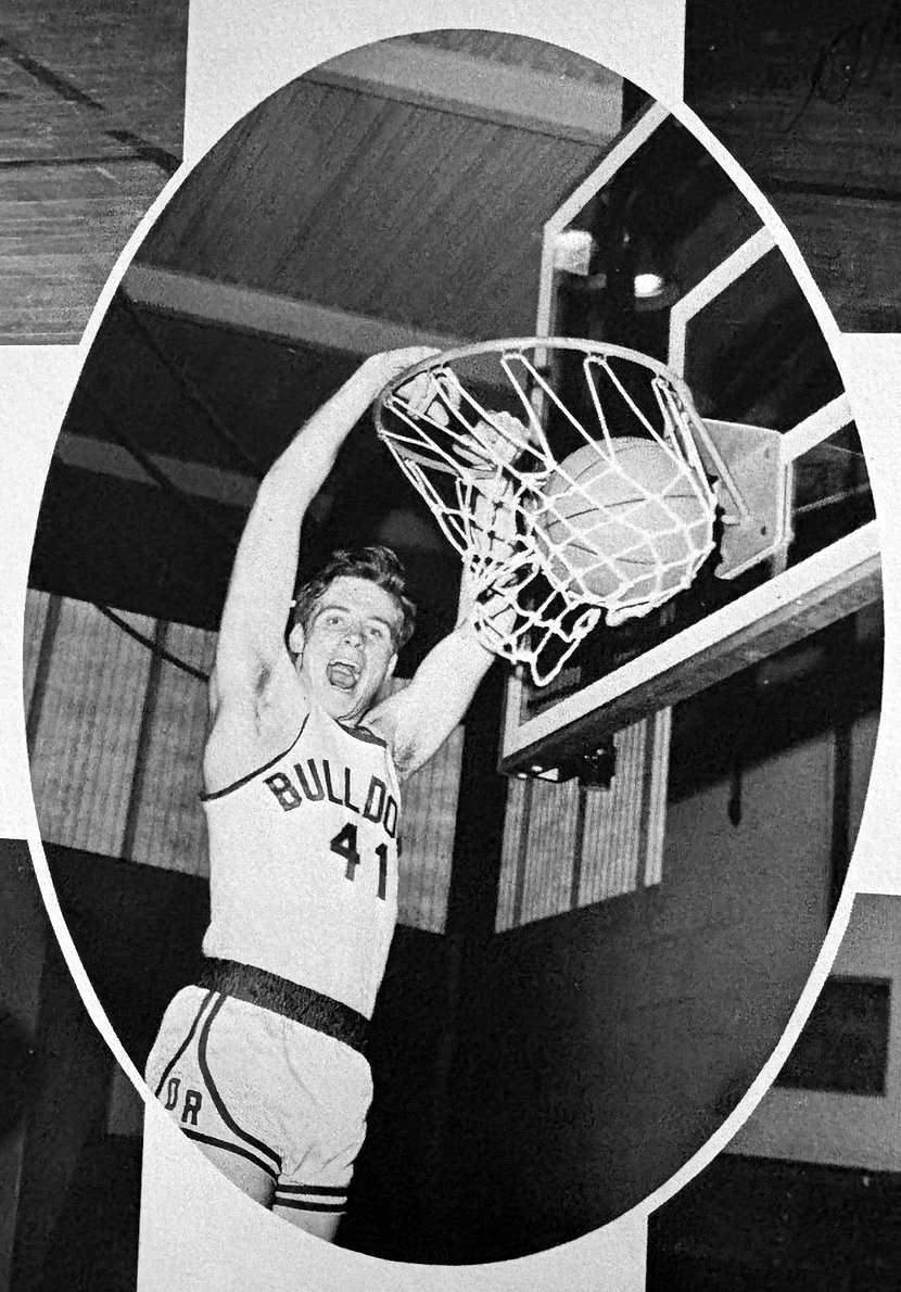 Donald Dorr dunking a basketball in an ORR Bulldogs number 41 uniform