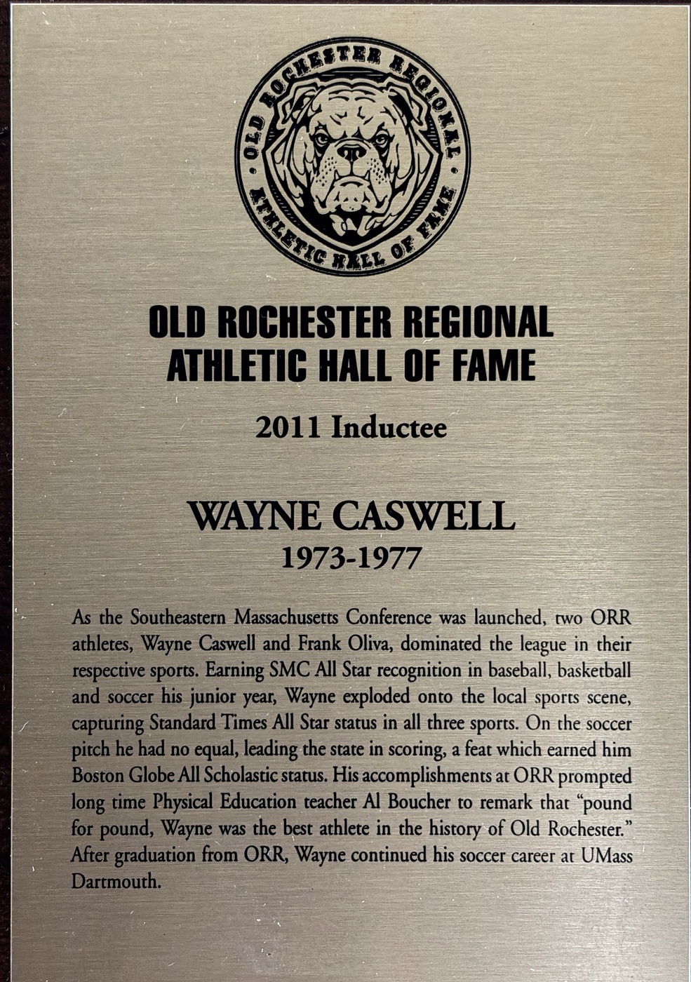 Wayne Caswell’s 2011 ORR Athletic Hall of Fame plaque