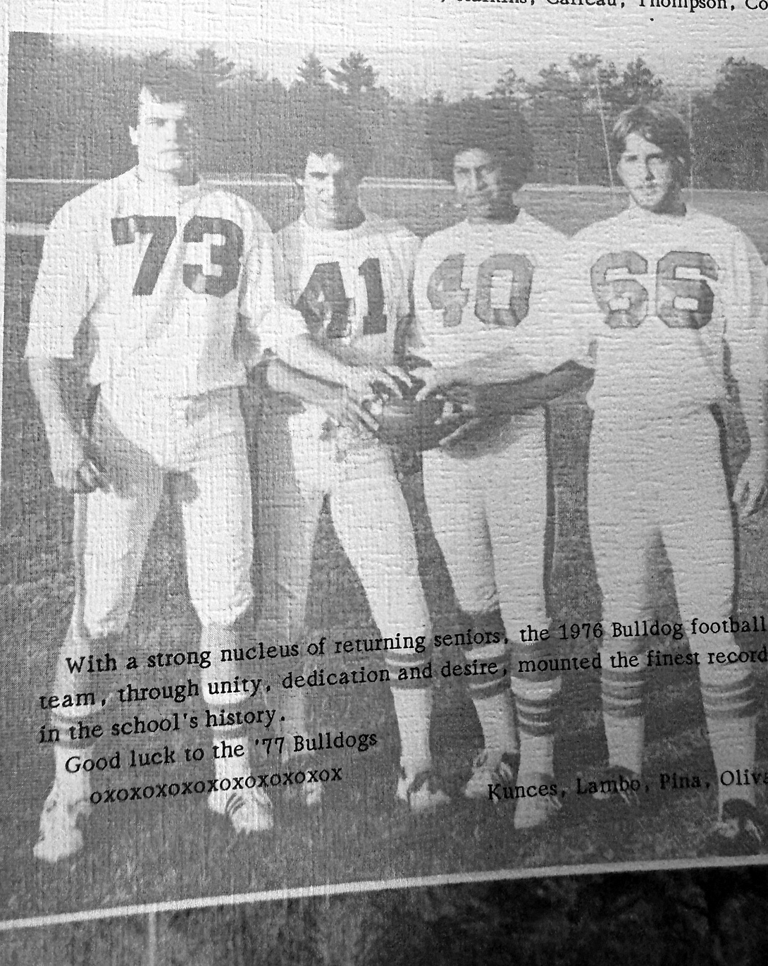 1976 ORR football seniors Kunces, Lambo, Pina and Frank Oliva, number 66, standing together