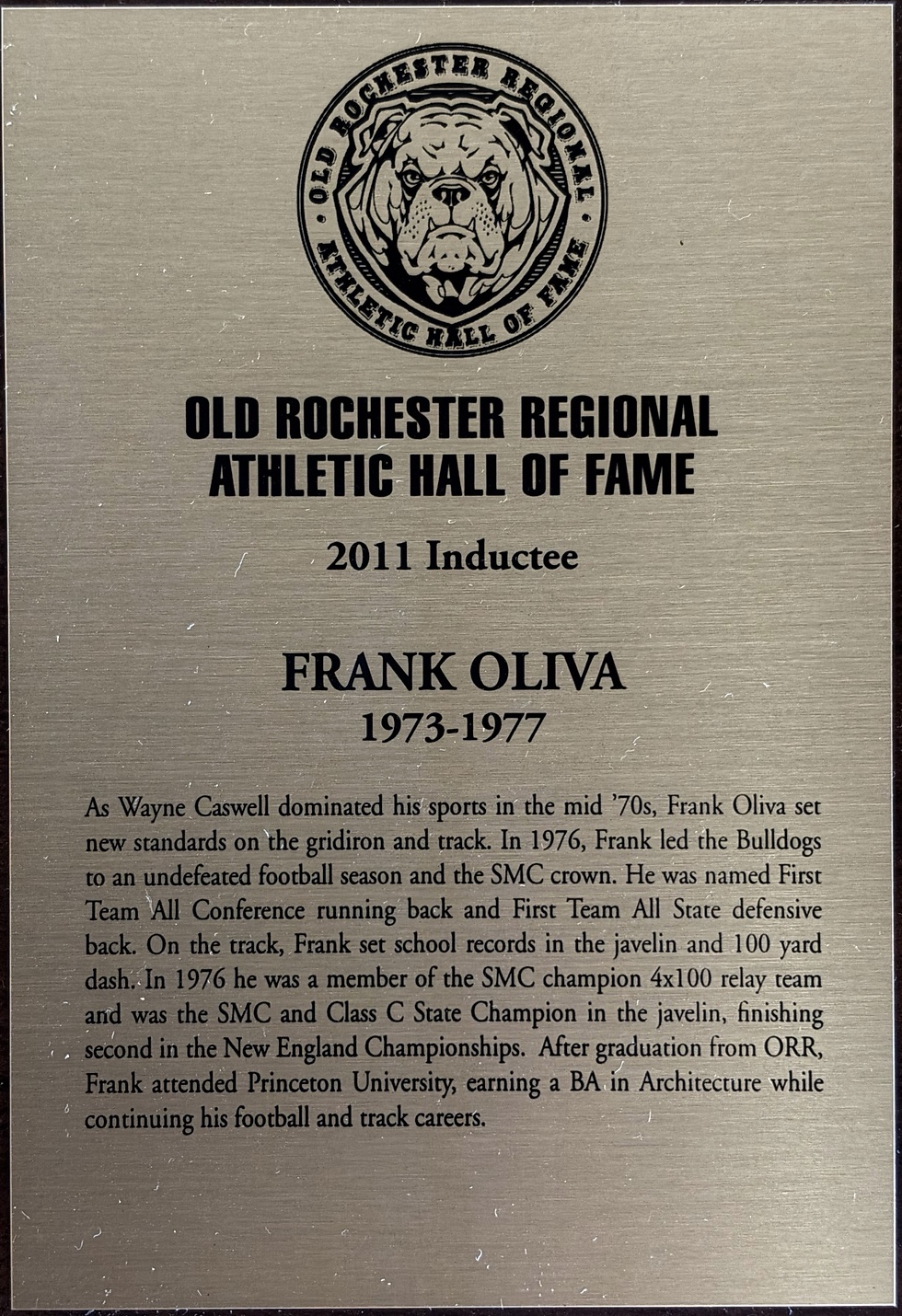 Frank Oliva’s 2011 ORR Athletic Hall of Fame plaque