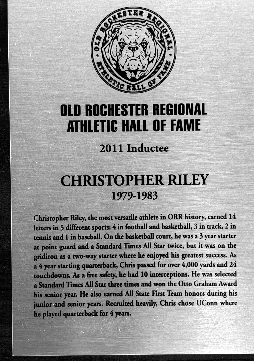 Christopher Riley’s 2011 Old Rochester Regional Athletic Hall of Fame plaque