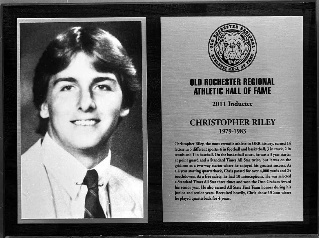 Christopher Riley’s complete 2011 Old Rochester Regional Athletic Hall of Fame display with portrait and plaque