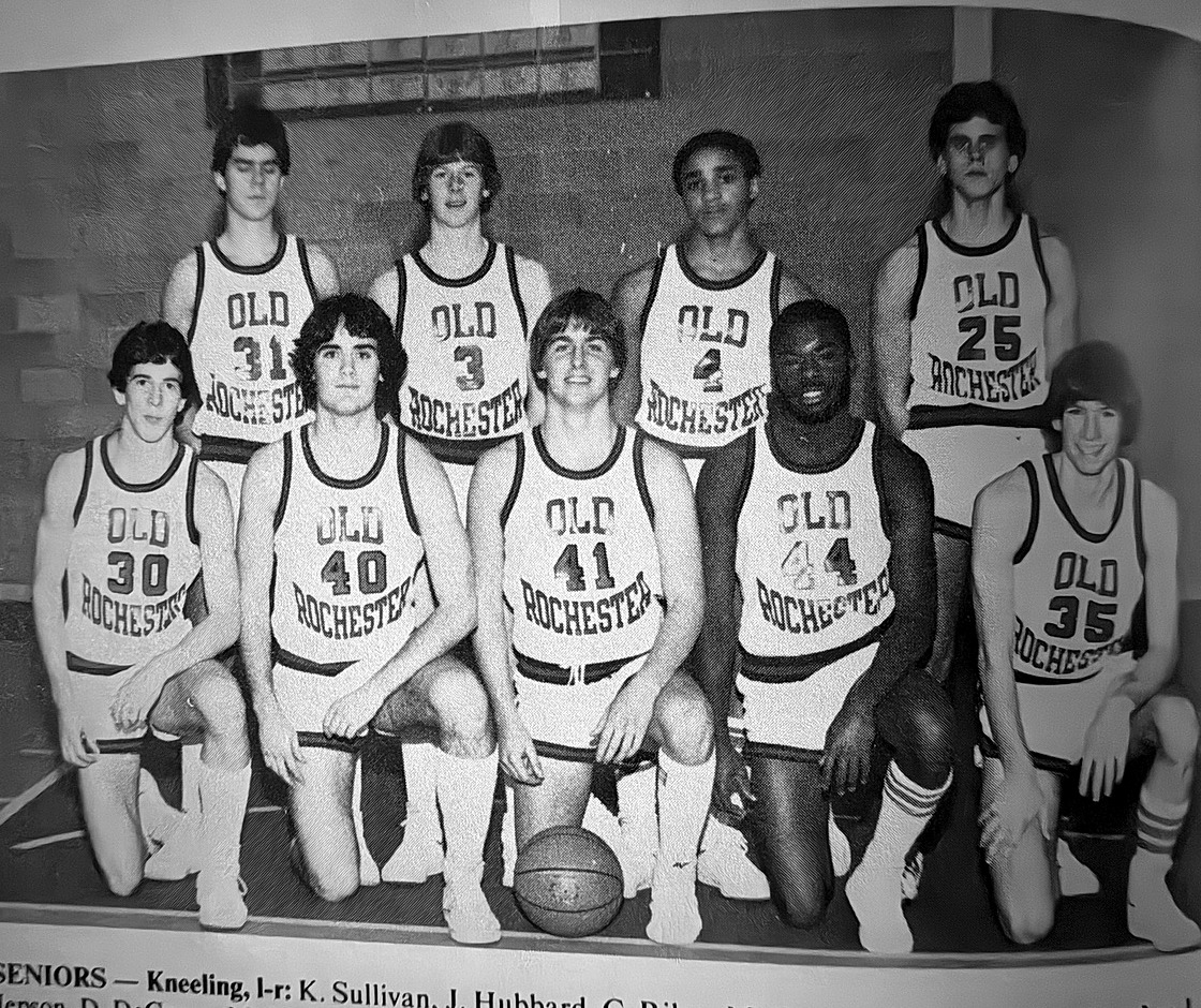 Christopher Riley, number 41, with fellow Old Rochester Regional senior basketball players in the 1983 yearbook