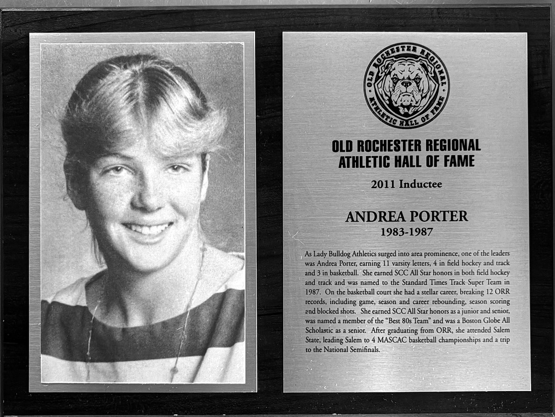 Andrea Porter’s complete 2011 Old Rochester Regional Athletic Hall of Fame display with portrait and plaque