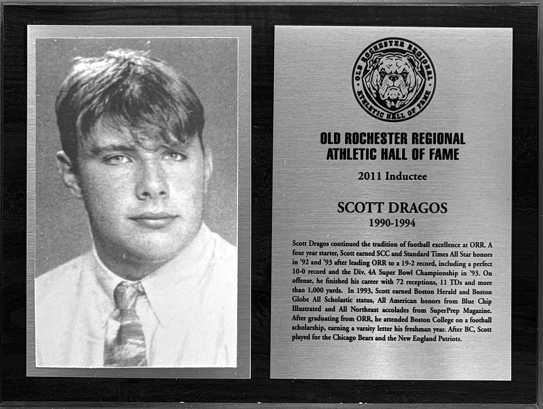 Scott Dragos’s complete 2011 Old Rochester Regional Athletic Hall of Fame display with portrait and plaque