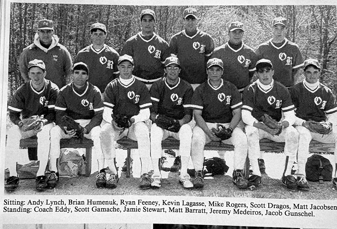 Scott Dragos, seated second from right, with the Old Rochester Regional baseball team